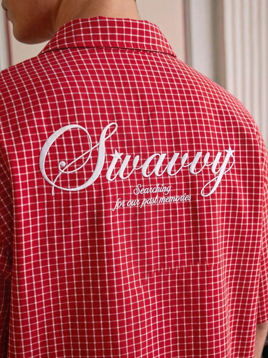 NORVETH Men's Versatile Plaid Embroidered Single-Breasted Short Sleeve Shirt - Red - View 1