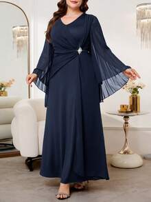 Reflora Plus Size Women V-Neck Faux Pearl Decor Ruched Casual Elegant Party Dinner Formal Wedding Guest Dress Navy Blue Autumn Fall - Navy Blue - View 9