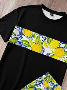 Manfinity Joysei Men's Summer Casual Beach Vacation Lemon Print Short Sleeve T-Shirt And Drawstring Waist Shorts Set - Black - View 4
