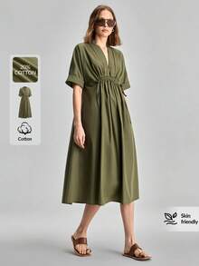 Ontre 女士休闲纯色抽绳腰连衣裙，夏季 - 軍綠色 - 查看 5