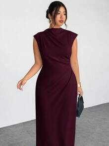 Firerie Plus Size Women's Elegant Ruched Cap Sleeve Split Hem Dress, Suitable For Dates Wedding And Formal Events Burgundy Summer - Red Violet - View 1