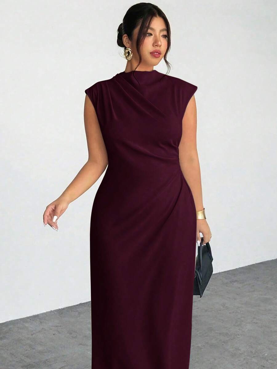 Firerie Plus Size Women's Elegant Ruched Cap Sleeve Split Hem Dress, Suitable For Dates Wedding And Formal Events Burgundy Summer - Red Violet - View 1
