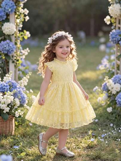 Baby Girl Lace Dress, Featuring Delicate Floral Cutout Pattern In Soft Yellow, High Collar Neckline With Ruffle Trim, Flutter Sleeves, Multi-Layer Ruffle Skirt, Loose A-Line Silhouette, Suitable For Birthday Party, Wedding Flower Girl, Piano Recital, Afternoon Tea, Garden Photo Shoot