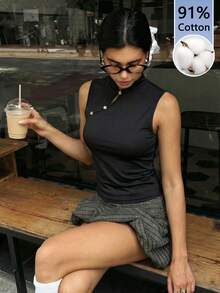 Aloruh Áo tank top cổ sườn xám kiểu Trung Quốc cổ điển dành cho nữ, màu đen, chất liệu 95% cotton. - màu đen - Xem 6