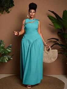 Maweii Plus Size Sexy Fitted Cutout Cinched Waist Sleeveless Dress - Teal Blue - View 3
