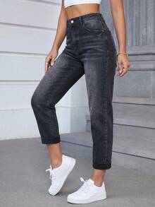 Slaydiva Plus Size Women High Waist Pocketed Tapered Casual Jeans - Black - View 6
