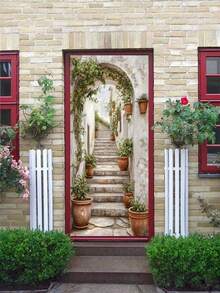 1set/2pcs Self Adhesive Removable Waterproof Vintage Romantic Ancient Style Stairs Door Sticker Peaceful Outdoor Green Plant European Charming Garden Flat Art Wall Mural Decal For Home Kitchen Living Room Bedroom Hallway Indoor Outdoor Decor Easy Apply - multicolor - View 7