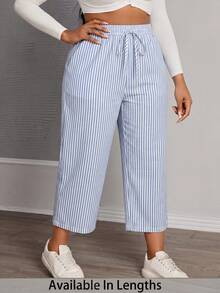 SHEIN PETITE CURVE PETITE CURVE 大码蓝白条纹棉质休闲裤，带口袋和侧开衩，适合春夏休闲、度假、通勤穿着。这款阔腿棉质裤风格百搭，充满波西米亚风情，性感迷人。条纹阔腿裤，夏季休闲裤，春季百搭单品。 - 藍白色 - 查看 6