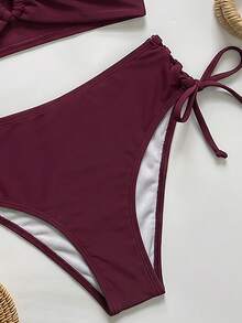 Swim Vcay 女款素色V領交叉綁帶高腰泳衣套裝 - 酒紅色 - 查看 6