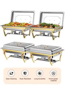 Set Peralatan Makan Hot Pot Ukuran Penuh 8 Quart 1-2-4 Buah, Perlengkapan Penyajian Makanan Stainless Steel dengan Tutup, Baki Makanan, Baki Air, dan Rak Bahan Bakar, Cocok untuk Restoran, Katering, Pesta, dan Pernikahan - Perak - View 7