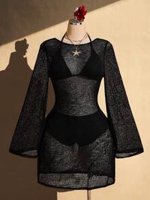 SHEIN ICON 大码女式纯色圆领喇叭袖性感连衣裙 - 黑色 - 查看 4