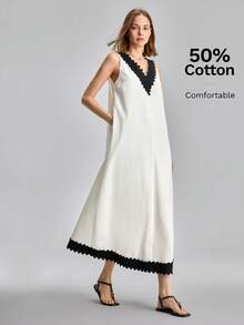 Ontre 2026SS New Summer Women Black And White V-Neck Lace Trim Dress, Elegant Graduation/Vacation/Beach Vacation/Music Festival Dress For Ladies - White - View 3