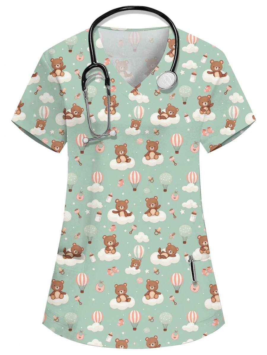 SHEIN 女士绿色V领短袖双口袋可爱卡通图案工作服上衣,可爱小熊印花,护士医生制服,纯色宠物美容工作服,营养师实验服,多口袋功能性工作服,女士功能性假日服装,可爱 - 綠色 - 查看 1