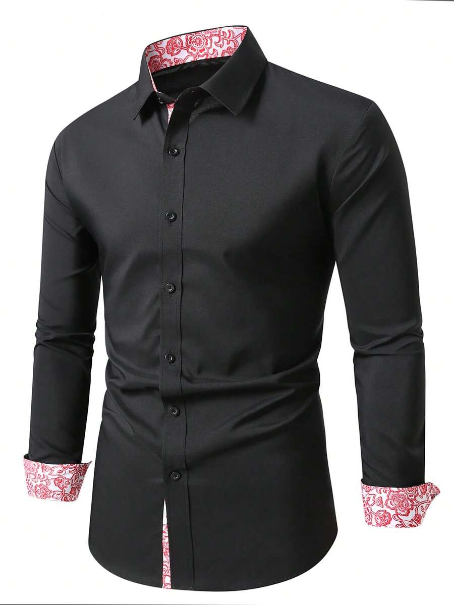 Manfinity Mode Áo sơ mi nam phối màu, cài một hàng khuy, kiểu dáng thường ngày đa năng. - màu đen - Xem 1