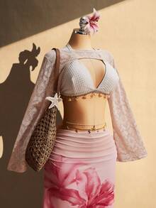 SHEIN ICON Áo thun dệt kim jacquard tay ngắn khoét lỗ - Màu be - Xem 8