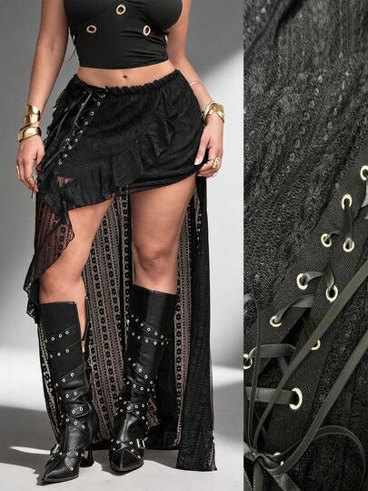 Rustia Plus Size Women's Black Lace Ruffled Hem Mini Skirt, Casual Everyday Wear, Beach Vacation, Cinched Waist, Flattering Fit, Soft Lace Patchwork Design