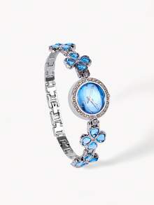 Opalesca 1pc Women's Casual Clover Rhinestone Decor Bracelet Watch, Gift Accessories - Blue - View 2