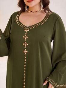Al Najma Plus Size Women's Rhinestone Embellished Elegant Arabic Style Evening Dress For Party - Army Green - View 6