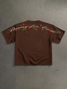 StoneGrade Camiseta casual de cuello redondo con hombros caídos, corte holgado, con estampado de letras y flores para hombre - Marrón - Ver 1