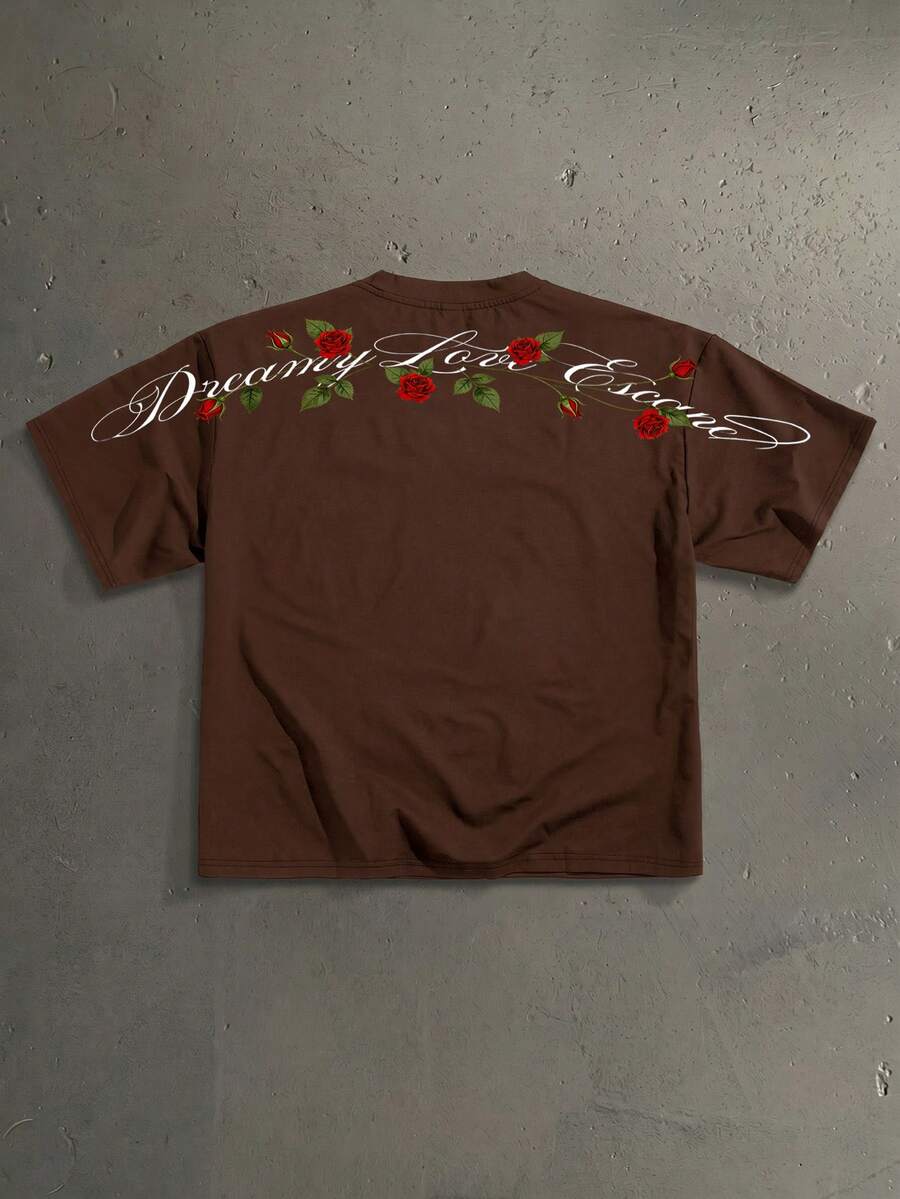 StoneGrade Camiseta casual de cuello redondo con hombros caídos, corte holgado, con estampado de letras y flores para hombre - Marrón - Ver 1