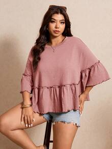 Elaquor Plus Size Solid Color Loose Fit Ruffle Trim T-Shirt - Dusty Pink - View 7