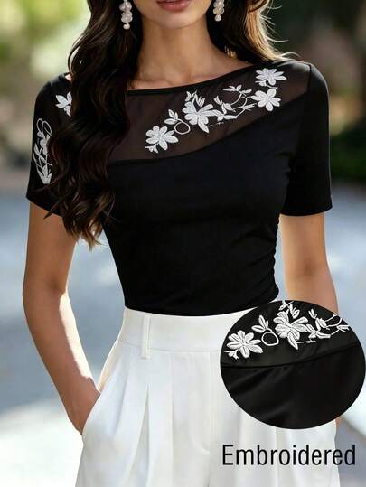 EMERY ROSE Women's Summer Embroidered Mesh-Paneled Off-Shoulder T-Shirt ,Elegant Women's Blouse,Embroidered Mesh Top,Summer Black Top,Summer Outfits For Women,Commuter Outfits For Women
