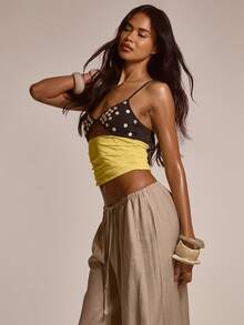 MUSERA Embellished Shell Button Bust Cut Out Front Ruched Fitted Top Cute Summer Spring Sexy Tropical Going Out Club Beach Holiday Vacation Y2K Yellow - Yellow - View 3