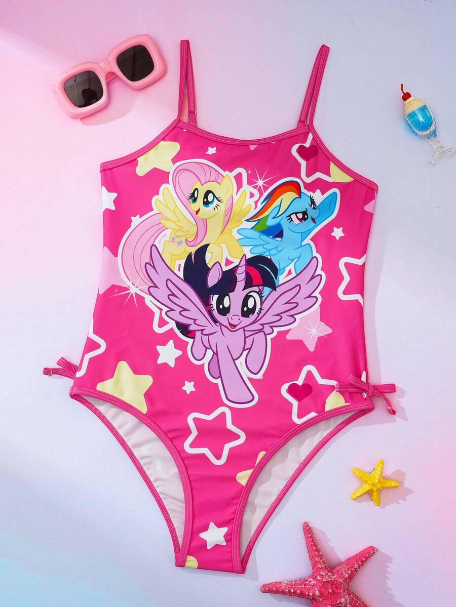 My Little Pony X SHEIN 少女卡通印花连体泳衣，适合海滩度假、泳池派对、沙滩派对 - 玫紅色 - 查看 1