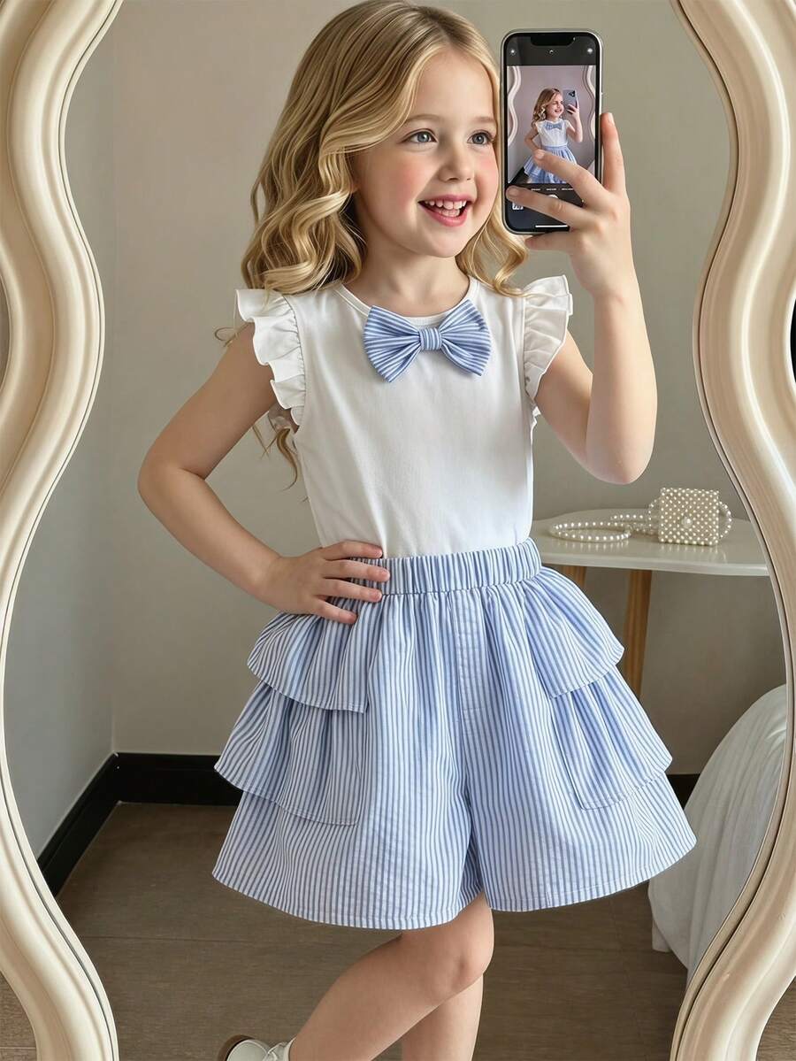 SHEIN Sparklyn 2pcs Girls' Spring/Summer 3D Denim Bow Flare Sleeve T-Shirt And Loose Ruffled Hem Denim Shorts Set - Blue - View 1