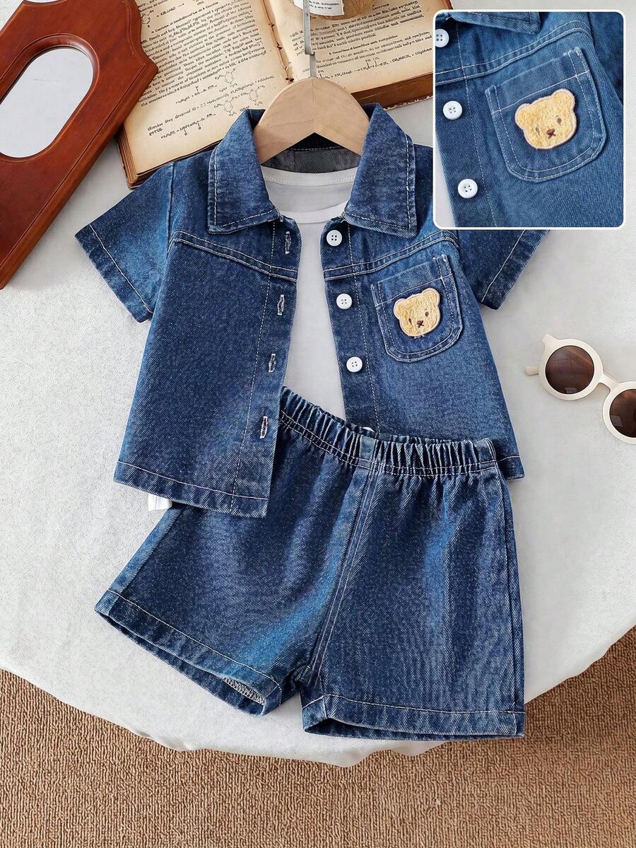 SHEIN Vintaside Kids 男婴夏季牛仔套装，时尚翻领短袖上衣搭配短裤，简约风格，宽松版型，适合户外玩耍、休闲居家、日常运动、派对活动