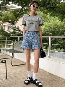 DAZY Pantalones cortos rectos de mujer con estampado floral lavado retro, adecuados para primavera, verano, playa y estilo callejero - Lavado ligero - Ver 6
