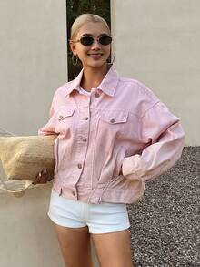 Livesso Casual Loose Denim Jacket With Large Pockets, Sweet Girl Style, Suitable For Spring And Autumn, Fashionable Streetwear And Outdoor Wear - Pink - View 2
