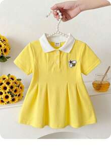 SHEIN Đầm polo cổ bẻ màu vàng dễ thương kiểu học sinh cho bé gái, in hình hoạt hình. - Màu vàng - Xem 1