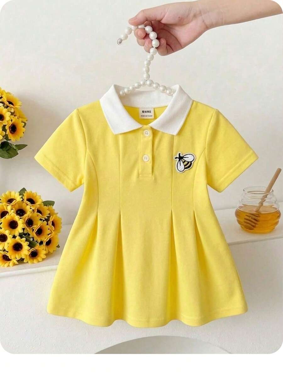 SHEIN Đầm polo cổ bẻ màu vàng dễ thương kiểu học sinh cho bé gái, in hình hoạt hình. - Màu vàng - Xem 1