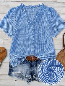 Linhara Plus Size Women's Solid Color Textured V-Neck Short Sleeve Casual Regular Blouse, Suitable For Going Out, Vacation, Club - Blue - View 1