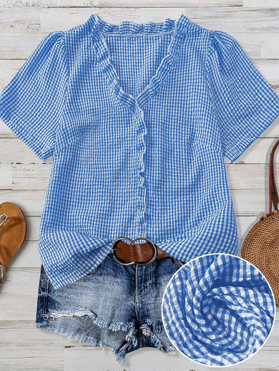 Linhara Plus Size Women's Solid Color Textured V-Neck Short Sleeve Casual Regular Blouse, Suitable For Going Out, Vacation, Club - Blue - View 1