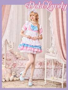 Dola Lovely 女鞋 藍色高跟瑪麗珍鞋 封口鞋頭 厚底鞋 Lolita 哥德風 蝴蝶結 甜美 JK 鞋 - 藍色+花邊 - 查看 2