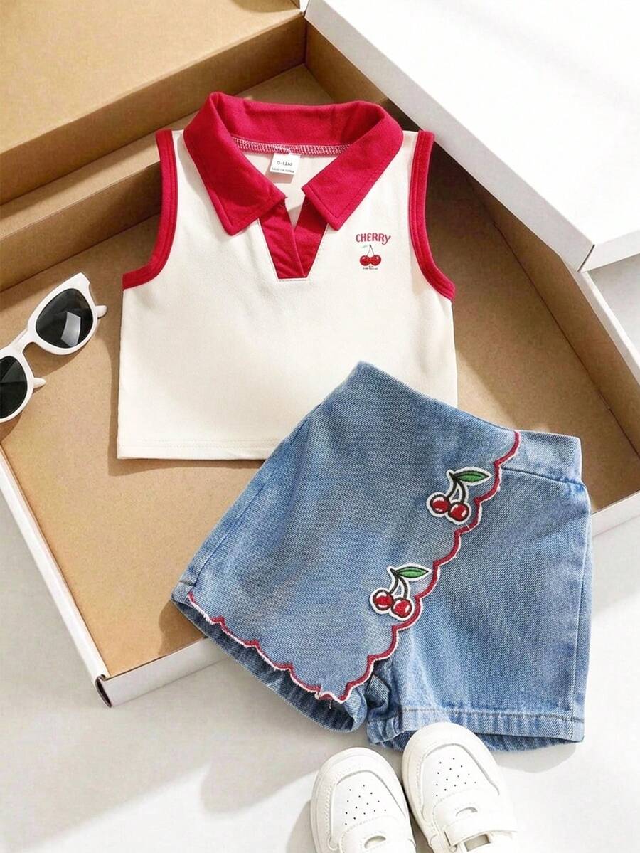 Conjunto de blusa blanca y shorts de cintura elástica para bebé niña en verano - Multicolor - Ver 1