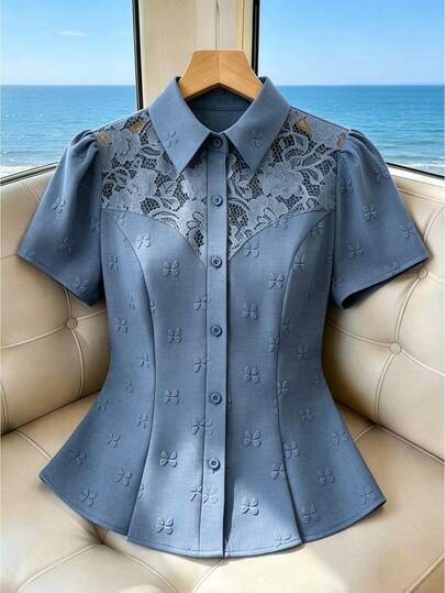 SHEIN Elenzya Women's Blue Four-Leaf Clover Textured Fabric Shirt Collar, Single-Row Button Splice Hollow Lace Petal Sleeve Cinched Waist Slimming Elegant Office Casual Blouse