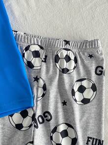 Boys' Snug Fit Round Neck Short Sleeve Shorts Set, Neon Blue Football Letter Print, Breathable Summer Outfit, Comfortable Fit - Blue - View 6