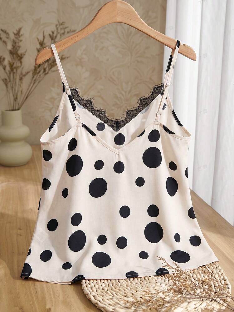 Plus Size Women Lace Patchwork Polka Dot Casual Versatile Daily Wear Camisole Top Summer Summer Outfit For Women Festival Outfits For Women Beach Outfits For Women Vacation Outfits Women Holiday Outfits  For Women Country Concert Outfit  Floral Top