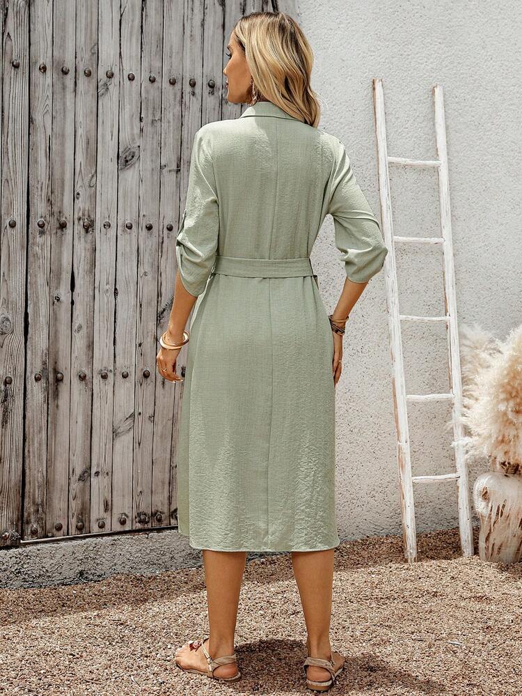 Women's Casual Solid Color Belted Mid-Length Dress