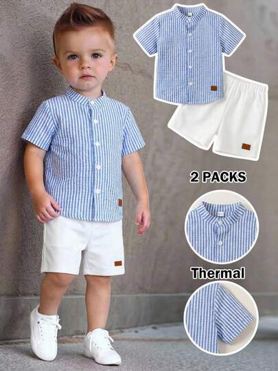 SHEIN 2pcs/Set Baby Boy Casual Striped Collared Short Sleeve Shirt And White Shorts Set, Comfortable And Versatile For Indoor, Outdoor, Daily Wear, Sports, Play, Party, Photo Shoot, Holiday, Suitable For Spring/Summer Baby Boy Summer Outfits New Born Baby Boy Baby Boy Cotton Summer Outfits Newborn Baby Boy Toddler Boy Shirt Set Baby Blue Toddler Shirt Sets Baby Boy Shirt Set
