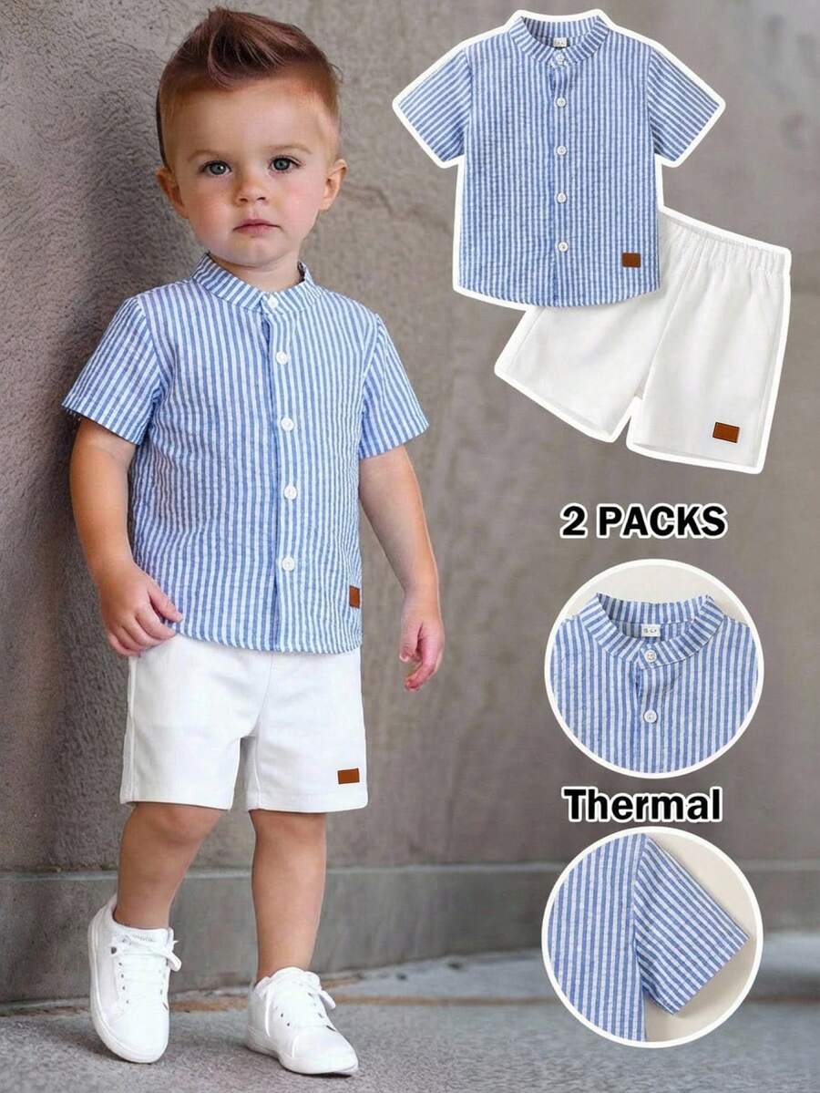 SHEIN Bộ 2 món cho bé trai: áo sơ mi ngắn tay cổ bẻ kẻ sọc và quần short trắng, thoải mái và đa năng, phù hợp mặc trong nhà, ngoài trời, hàng ngày, thể thao, vui chơi, dự tiệc, chụp ảnh, kỳ nghỉ, thích hợp cho mùa xuân/hè. - Nhiều màu - Xem 1