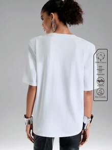 SHEIN Aveloria GENKIRA Áo dệt kim nữ cổ tròn, vạt bất đối xứng, thiết kế nhún bèo, eo thắt, dáng rộng thoải mái, màu trơn, chất liệu cotton nguyên chất, tay ngắn, đa năng, thích hợp cho mùa hè. - trắng - Xem 3