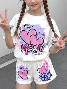 少女休闲可爱涂鸦爱心图案米白色短袖T恤和短裤两件套，适合夏季穿着 - 彩色 - 查看 2
