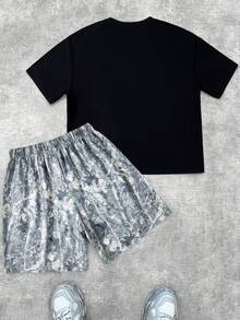 SHEIN 青少年男孩 2 件套，夏季街頭風英文印花短袖 T 恤與短褲，龐克搖滾校園風休閒套裝，適合戶外、派對、節慶 - 彩色 - 查看 3