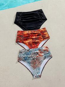 SHEIN Swim Swim Lushore-D 女款夏季復古高腰抓皺豹紋 & 暖色調紮染對比黑泳褲，修身收腹海灘度假泳裝下身 - 彩色 - 查看 5