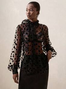 Briarwyn Blusa transparente de mujer con estampado de lunares, de moda y sexy - Negro - Ver 3