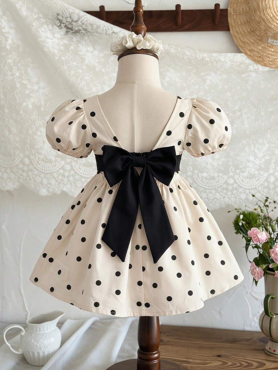 SHEIN Đầm dệt họa tiết chấm bi cổ vuông tay cánh hoa cho bé gái, kiểu dáng thường ngày. - Đen và trắng - Xem 1